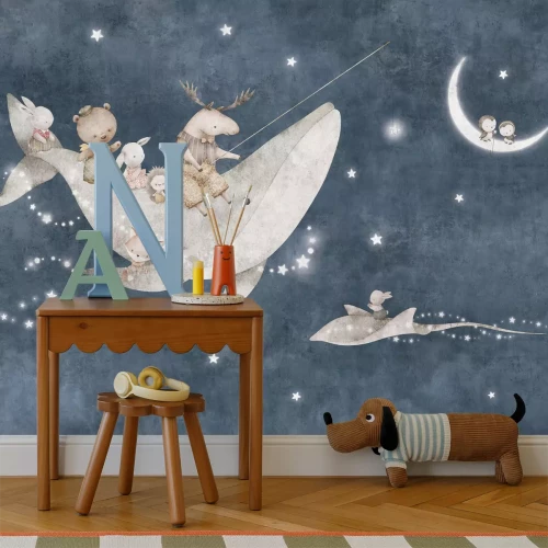 Fototapete Ein Wal und Tiere vor dem Himmel mit dem Mond