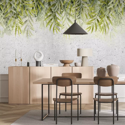 Fototapete Grüne Blätter hängen von oben vor einem Hintergrund aus grauem Beton