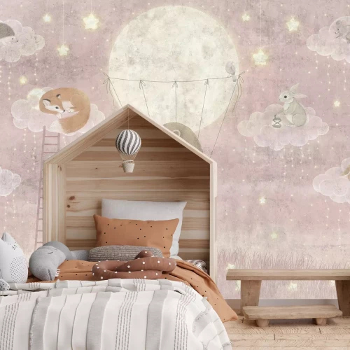 Fototapete Tiere vor einem rosa Himmelshintergrund - Illustration für Kinder