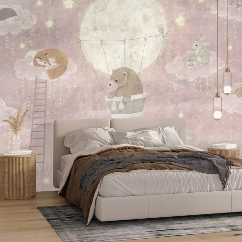 Fototapete Tiere vor einem rosa Himmelshintergrund - Illustration für Kinder