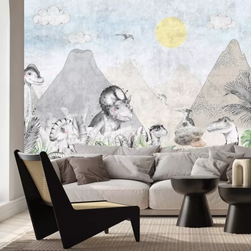 Fototapete Dinosaurier in einem Märchenland mit Vulkanen