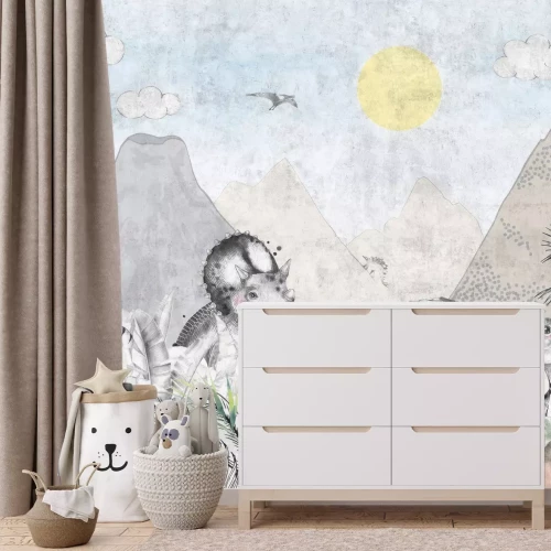 Fototapete Dinosaurier in einem Märchenland mit Vulkanen