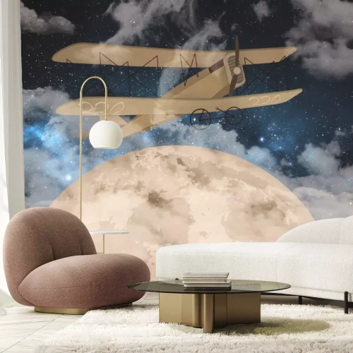 Fototapete Ein Flugzeug vor dem Himmel mit Mond und Sternen