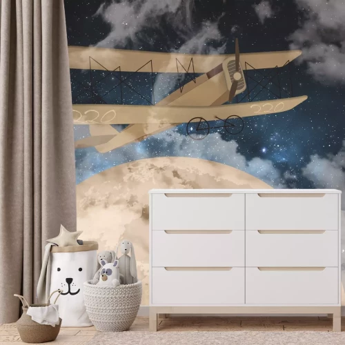 Fototapete Ein Flugzeug vor dem Himmel mit Mond und Sternen