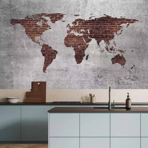 Fototapete Weltkarte aus rotem Backstein auf strukturiertem Hintergrund
