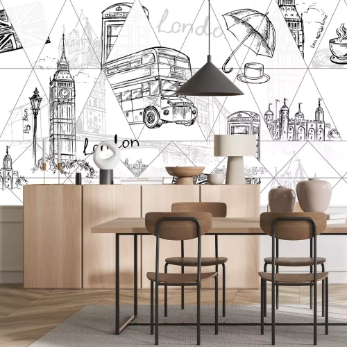Fototapete Londoner Symbole in Schwarz und Weiß
