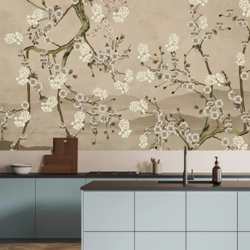 Fototapete Blühende Blumen auf Ästen mit strukturiertem Hintergrund