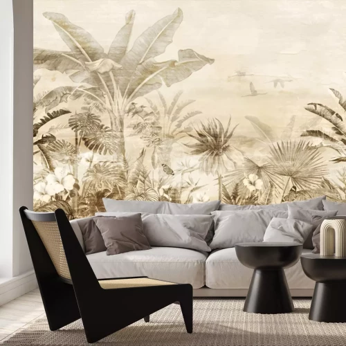 Fototapete Vögel und Dschungellandschaft im Vintage-Stil