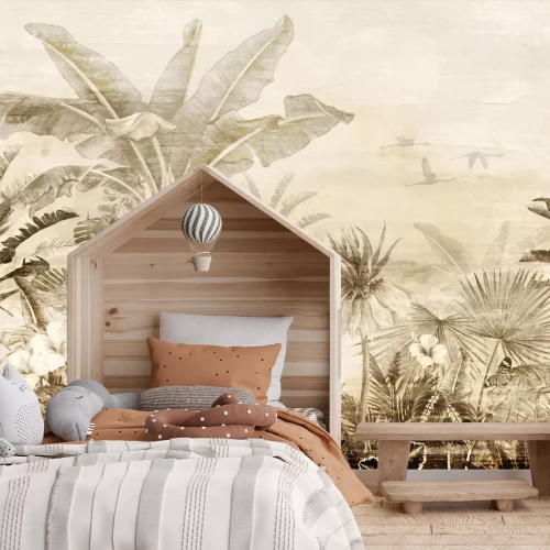 Fototapete Vögel und Dschungellandschaft im Vintage-Stil