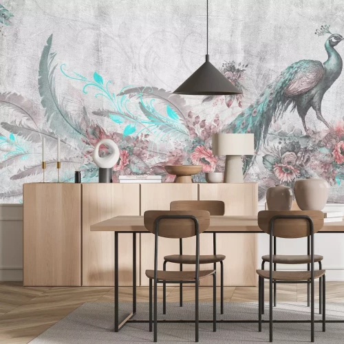 Fototapete Pfau und Blumen auf einem strukturierten grauen Hintergrund