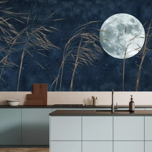 Fototapete Vollmond und Gras auf marineblauem Hintergrund