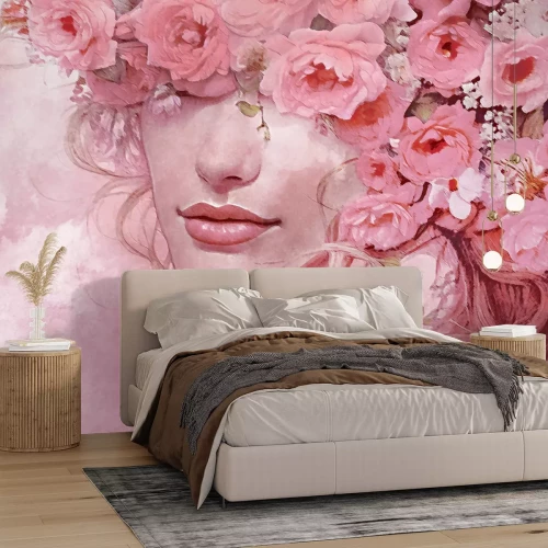 Fototapete Rosa Porträt einer Frau mit Blumen auf dem Kopf