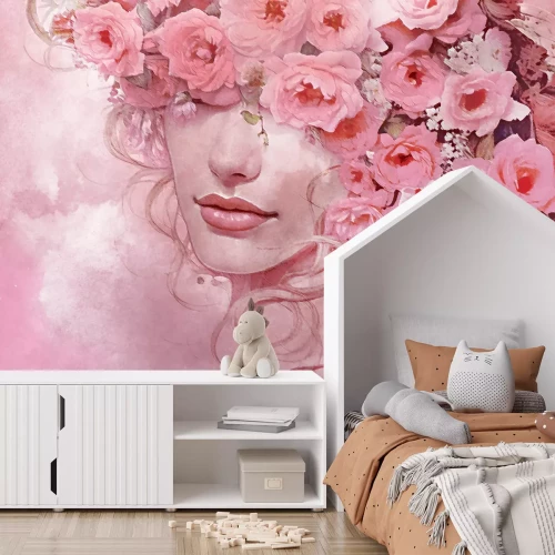 Fototapete Rosa Porträt einer Frau mit Blumen auf dem Kopf