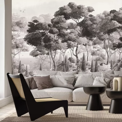 Fototapete Monochromatische Landschaft eines üppigen Waldes