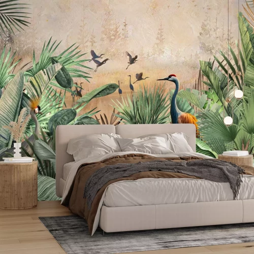 Fototapete Kraniche in einem tropischen Dschungel mit Pflanzen