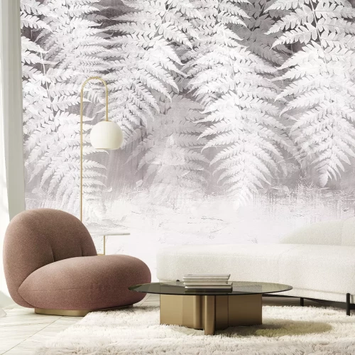 Fototapete Weiße Farnblätter auf Betongrund