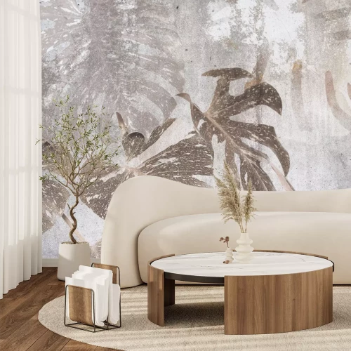 Fototapete Monstera-Blätter auf hellgrauem Betongrund