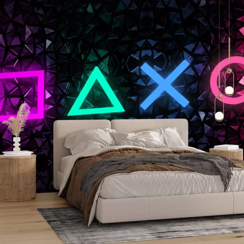 Fototapete Neon-Spielsymbole auf geometrischem Hintergrund