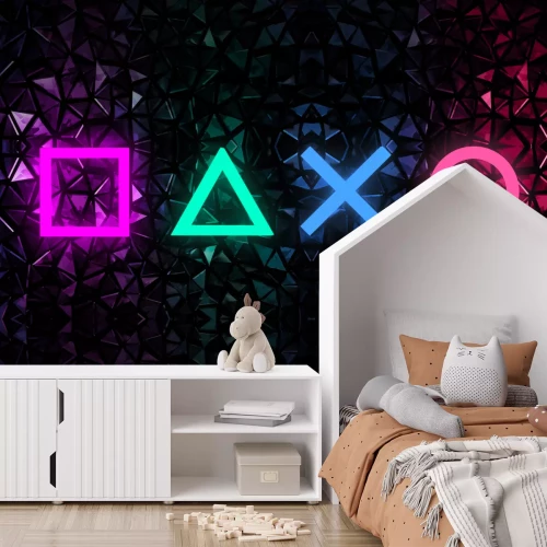 Fototapete Neon-Spielsymbole auf geometrischem Hintergrund