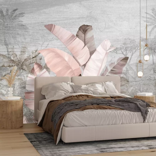 Fototapete Pastellfarbene tropische Blätter auf grauem Palmenhintergrund