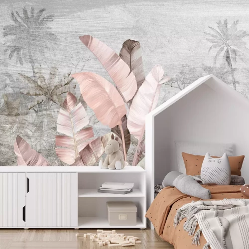 Fototapete Pastellfarbene tropische Blätter auf grauem Palmenhintergrund