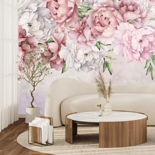 Fototapete Pudrige Blüten, die von oben vor einem hellen Hintergrund hängen