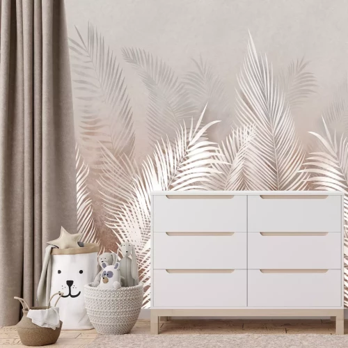 Fototapete Eine Komposition aus tropischen Palmblättern auf pastellfarbenem Hintergrund