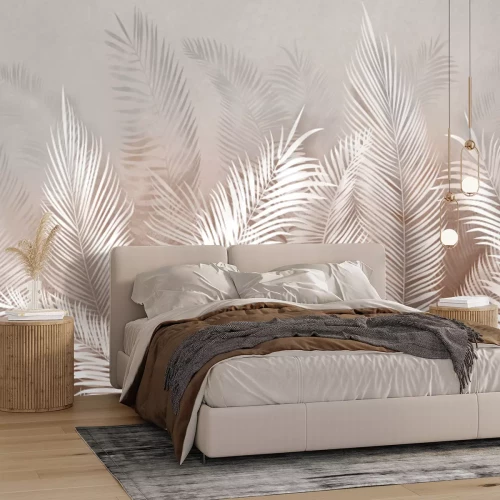 Fototapete Eine Komposition aus tropischen Palmblättern auf pastellfarbenem Hintergrund