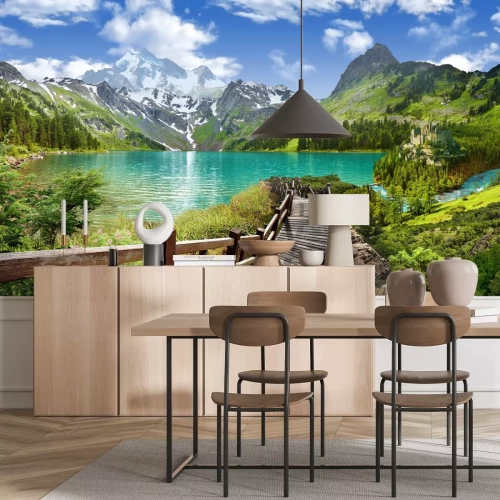 Fototapete Landschaft eines hölzernen Abstiegs zu einem Bergsee