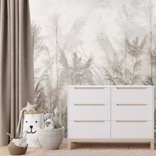 Fototapete Botanische Komposition aus beigen Gräsern und weißen Blüten