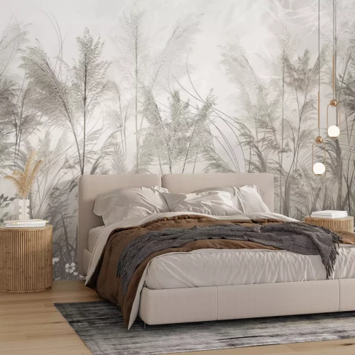 Fototapete Botanische Komposition aus beigen Gräsern und weißen Blüten