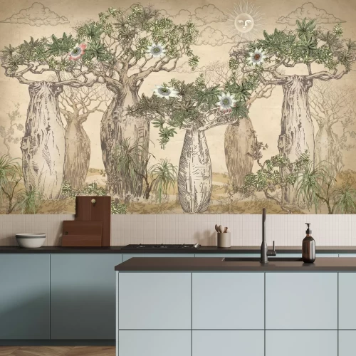 Fototapete Afrikanische Baobab-Landschaft im Vintage-Stil