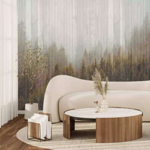 Fototapete Mysteriöse Komposition mit nebligem Wald-Holzeffekt