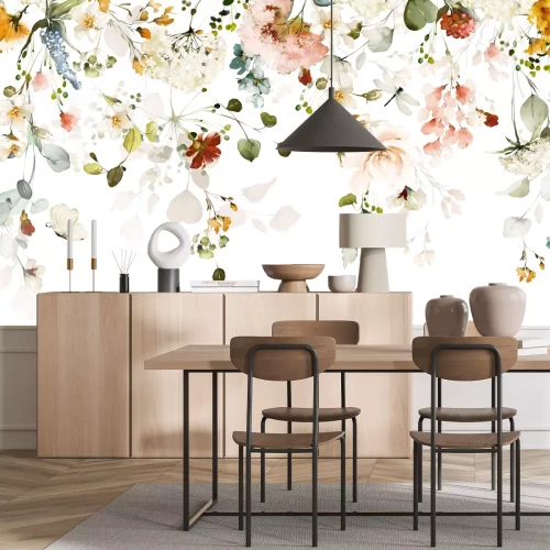 Fototapete Eine Komposition aus Aquarellblumen und -blättern