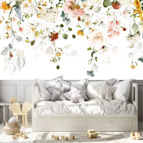 Fototapete Eine Komposition aus Aquarellblumen und -blättern