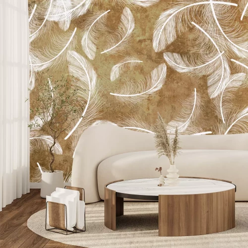 Fototapete Weiße Federn auf Betonzusammensetzung