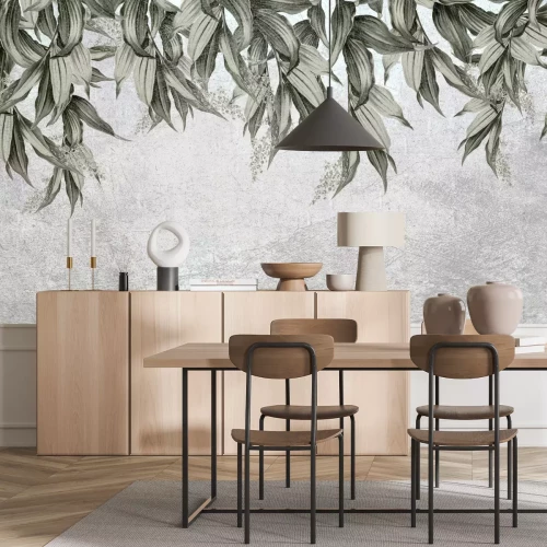 Fototapete Wandkomposition mit Blättern auf strukturiertem Hintergrund