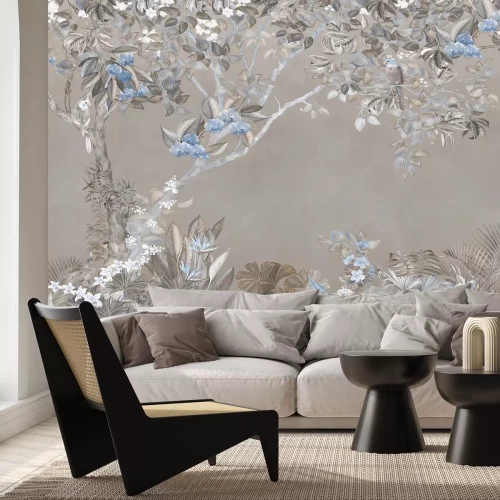 Fototapete Blau blühende Bäume und Papageien