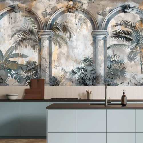 Fototapete Ein Wandbild mit Säulen und architektonischen Bögen zwischen Palmen