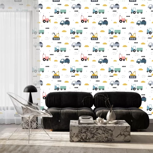 Tapete LKW Wagen Bagger und Wolken Muster für Kinder