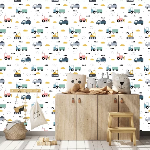 Tapete LKW Wagen Bagger und Wolken Muster für Kinder