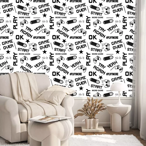 Tapete Schwarz weiße Pixel und Schriftzüge Gaming Muster