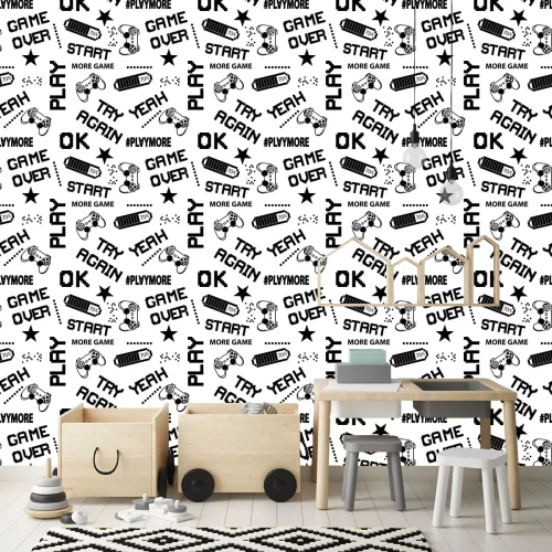 Tapete Schwarz weiße Pixel und Schriftzüge Gaming Muster