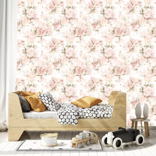 Tapete Pastellpfingstrosen Blumen und Blätter