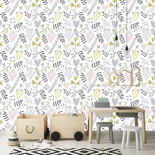 Tapete Pastellfarbene Blätter Pflanzen und Herzen