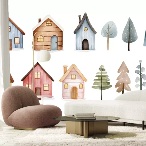 Sticker Häuser und Bäume in Aquarell im skandinavischen Stil
