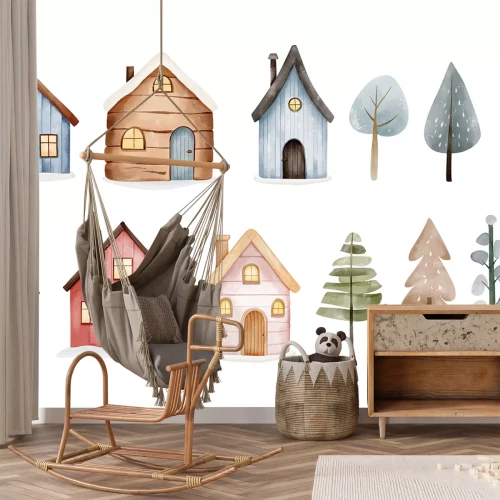 Sticker Häuser und Bäume in Aquarell im skandinavischen Stil