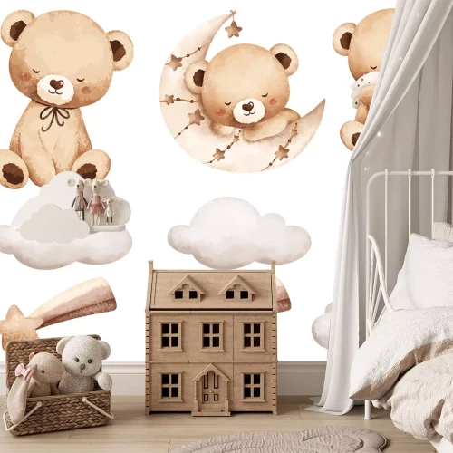 Sticker Schlafende Teddybären Wolken und Sterne in Pastellfarben