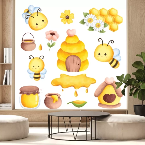 Sticker Wunderschöne Bienen, Blumen und Honig