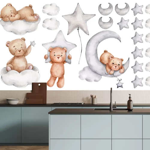 Sticker Aquarell-Teddybären Wolken Sterne und Monde